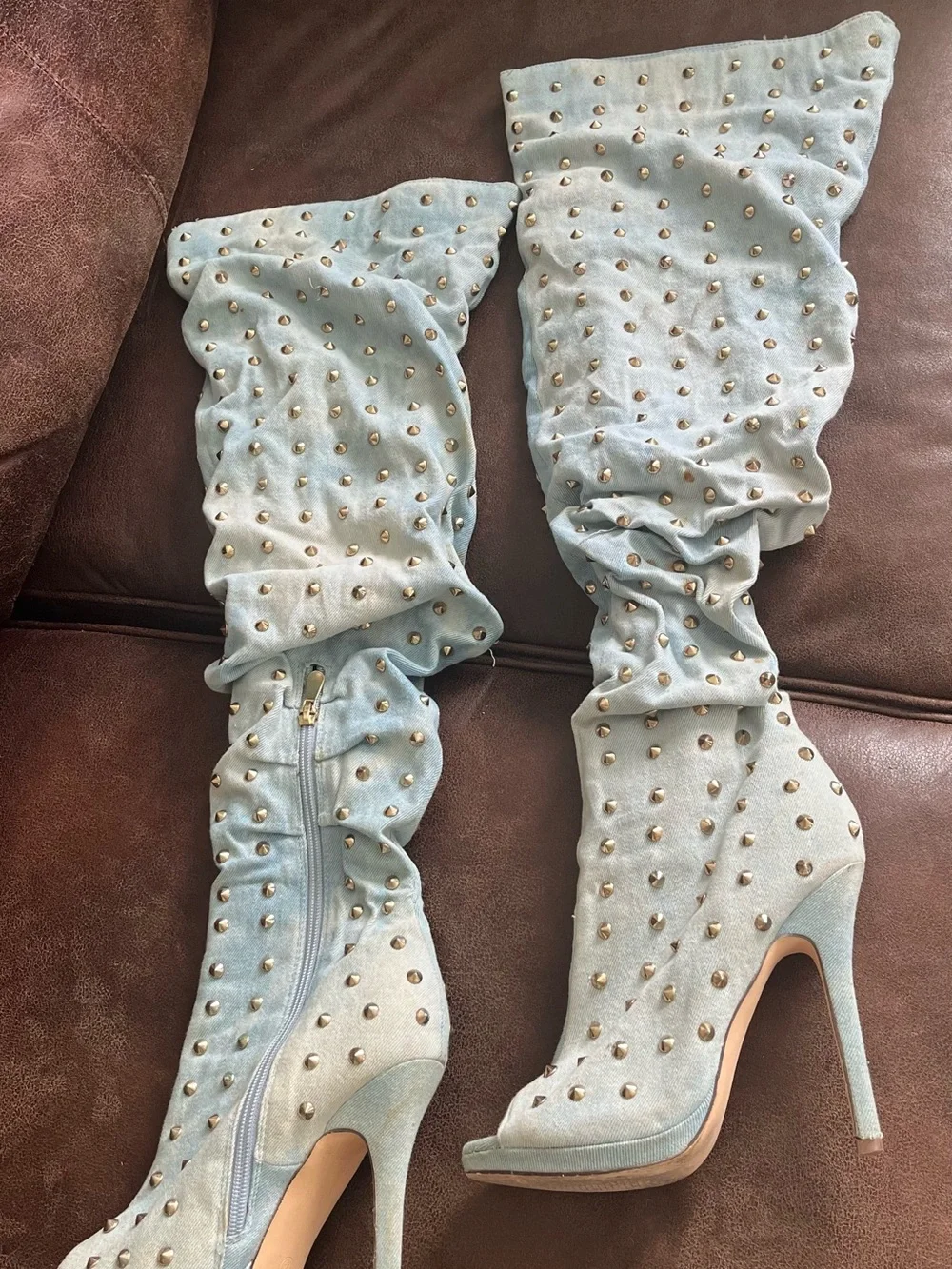 Denim Over the knee studded peep toe boots size 7.5 Light Blue stilletto boots